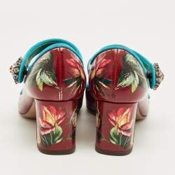 Pre Owned Dolce & Gabbana Burgundy Flower Print Patent Leather Mary Jane Pumps Size 37