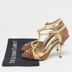 Pre Owned Dolce & Gabbana Tricolor Leather and Suede T-Strap Sandals Size 36