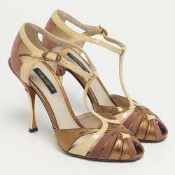 Pre Owned Dolce & Gabbana Tricolor Leather and Suede T-Strap Sandals Size 36