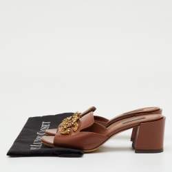 Pre Owned Dolce & Gabbana Brown Leather DG Amore Block Heel Slide Sandals Size 38