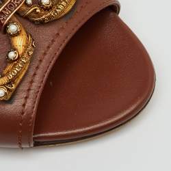 Pre Owned Dolce & Gabbana Brown Leather DG Amore Block Heel Slide Sandals Size 38