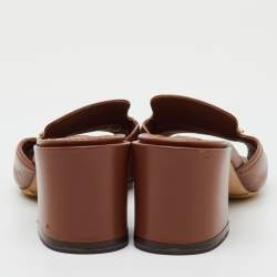 Pre Owned Dolce & Gabbana Brown Leather DG Amore Block Heel Slide Sandals Size 38