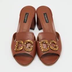 Pre Owned Dolce & Gabbana Brown Leather DG Amore Block Heel Slide Sandals Size 38