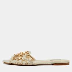 Pre Owned Dolce & Gabbana Off White Lace and Satin Crystal Embellished Bianca Flat Slide Sandals Size 41