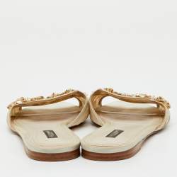 Pre Owned Dolce & Gabbana Off White Lace and Satin Crystal Embellished Bianca Flat Slide Sandals Size 41