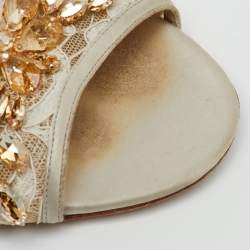 Pre Owned Dolce & Gabbana Off White Lace and Satin Crystal Embellished Bianca Flat Slide Sandals Size 41