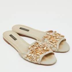 Pre Owned Dolce & Gabbana Off White Lace and Satin Crystal Embellished Bianca Flat Slide Sandals Size 41