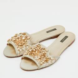 Pre Owned Dolce & Gabbana Off White Lace and Satin Crystal Embellished Bianca Flat Slide Sandals Size 41