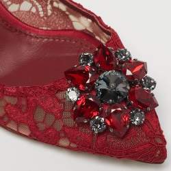 Pre Owned Dolce & Gabbana Red Lace Crystal Embellished Bellucci Pointed Toe Pumps Size 40