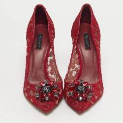 Pre Owned Dolce & Gabbana Red Lace Crystal Embellished Bellucci Pointed Toe Pumps Size 40