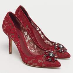 Pre Owned Dolce & Gabbana Red Lace Crystal Embellished Bellucci Pointed Toe Pumps Size 40