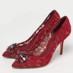 Pre Owned Dolce & Gabbana Red Lace Crystal Embellished Bellucci Pointed Toe Pumps Size 40