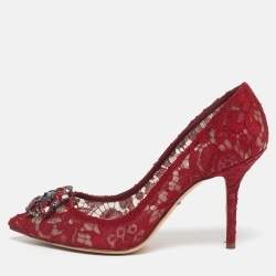 Pre Owned Dolce & Gabbana Red Lace Crystal Embellished Bellucci Pointed Toe Pumps Size 40