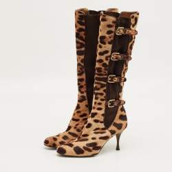 Pre Owned Dolce & Gabbana Brown Leopard Print Calf Hair Knee Length Boots Size 37
