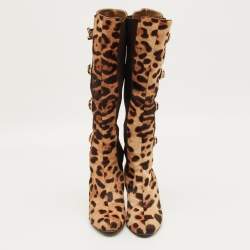 Pre Owned Dolce & Gabbana Brown Leopard Print Calf Hair Knee Length Boots Size 37