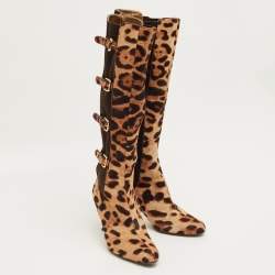 Pre Owned Dolce & Gabbana Brown Leopard Print Calf Hair Knee Length Boots Size 37