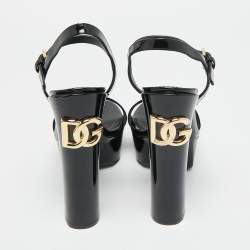Pre Owned Dolce & Gabbana Black Patent Leather Ankle Strap Platform Sandals Size 38.5