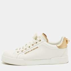 Pre Owned Dolce & Gabbana White/Gold Leather Portofino Low Top Sneakers Size 39