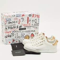 Pre Owned Dolce & Gabbana White/Gold Leather Portofino Low Top Sneakers Size 39