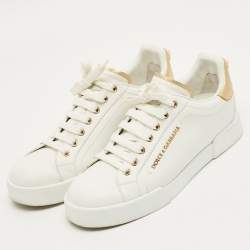 Pre Owned Dolce & Gabbana White/Gold Leather Portofino Low Top Sneakers Size 39