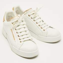 Pre Owned Dolce & Gabbana White/Gold Leather Portofino Low Top Sneakers Size 39