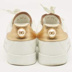 Pre Owned Dolce & Gabbana White/Gold Leather Portofino Low Top Sneakers Size 39