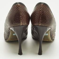 Pre Owned Dolce & Gabbana Brown/Black Python and Leather Double Bow Peep Toe Pumps Size 38.5