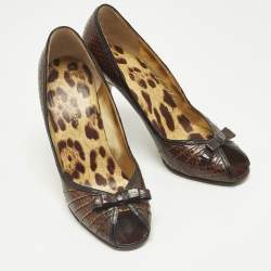 Pre Owned Dolce & Gabbana Brown/Black Python and Leather Double Bow Peep Toe Pumps Size 38.5