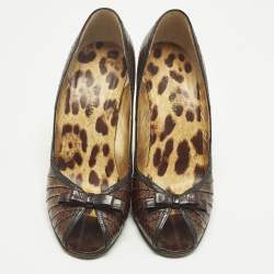 Pre Owned Dolce & Gabbana Brown/Black Python and Leather Double Bow Peep Toe Pumps Size 38.5