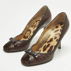 Pre Owned Dolce & Gabbana Brown/Black Python and Leather Double Bow Peep Toe Pumps Size 38.5