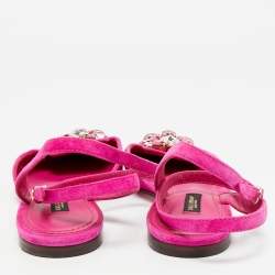 Pre Owned Dolce & Gabbana Pink Suede Crystal Embellish Bellucci Ankle Strap Flats Size 38