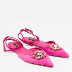 Pre Owned Dolce & Gabbana Pink Suede Crystal Embellish Bellucci Ankle Strap Flats Size 38