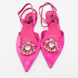 Pre Owned Dolce & Gabbana Pink Suede Crystal Embellish Bellucci Ankle Strap Flats Size 38