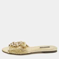 Pre Owned Dolce & Gabbana Bianca Size 37 Gold Lace and Leather Flat Slides