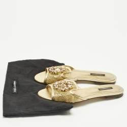 Pre Owned Dolce & Gabbana Bianca Size 37 Gold Lace and Leather Flat Slides