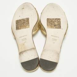 Pre Owned Dolce & Gabbana Bianca Size 37 Gold Lace and Leather Flat Slides