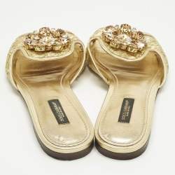 Pre Owned Dolce & Gabbana Bianca Size 37 Gold Lace and Leather Flat Slides