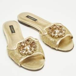 Pre Owned Dolce & Gabbana Bianca Size 37 Gold Lace and Leather Flat Slides