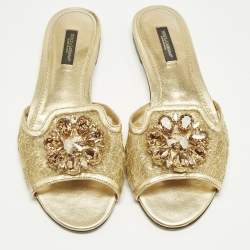 Pre Owned Dolce & Gabbana Bianca Size 37 Gold Lace and Leather Flat Slides