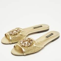 Pre Owned Dolce & Gabbana Bianca Size 37 Gold Lace and Leather Flat Slides