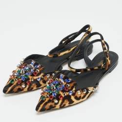 مملوكة مسبقًا Dolce & Gabbana Size 38 Brown Leopard Print Calf Hair Studded Ankle Strap Flats