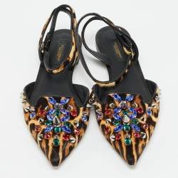مملوكة مسبقًا Dolce & Gabbana Size 38 Brown Leopard Print Calf Hair Studded Ankle Strap Flats