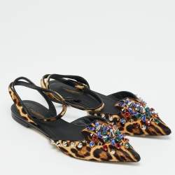 مملوكة مسبقًا Dolce & Gabbana Size 38 Brown Leopard Print Calf Hair Studded Ankle Strap Flats