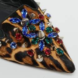 مملوكة مسبقًا Dolce & Gabbana Size 38 Brown Leopard Print Calf Hair Studded Ankle Strap Flats