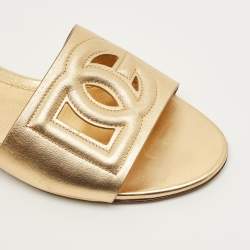 Pre Owned حذاء سلايد دولتشي أند غابانا شعار دي جي ذهبي جلد مقاس 37
