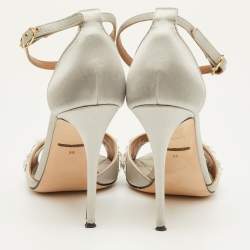Pre Owned Dolce & Gabbana Size 35 Silver Satin Crystal Embellished Ankle Strap Sandals