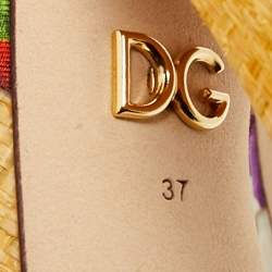 Pre Owned Dolce & Gabbana Crystal Embellished Size 37 Multicolor Floral Fabric and Raffia Ankle Strap Sandals