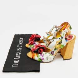 Pre Owned Dolce & Gabbana Crystal Embellished Size 37 Multicolor Floral Fabric and Raffia Ankle Strap Sandals