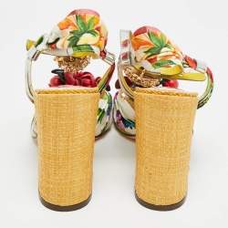 Pre Owned Dolce & Gabbana Crystal Embellished Size 37 Multicolor Floral Fabric and Raffia Ankle Strap Sandals