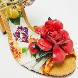 Pre Owned Dolce & Gabbana Crystal Embellished Size 37 Multicolor Floral Fabric and Raffia Ankle Strap Sandals